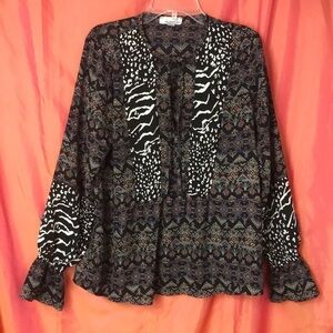 ALLISON Joy Women’s Tunic Top XS Mixed Print Black White Multi Tie Front